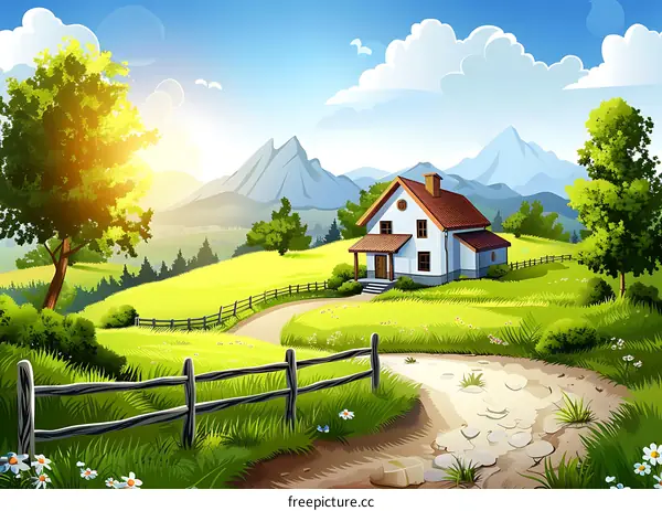 Beautiful Landscape with a House and Mountains