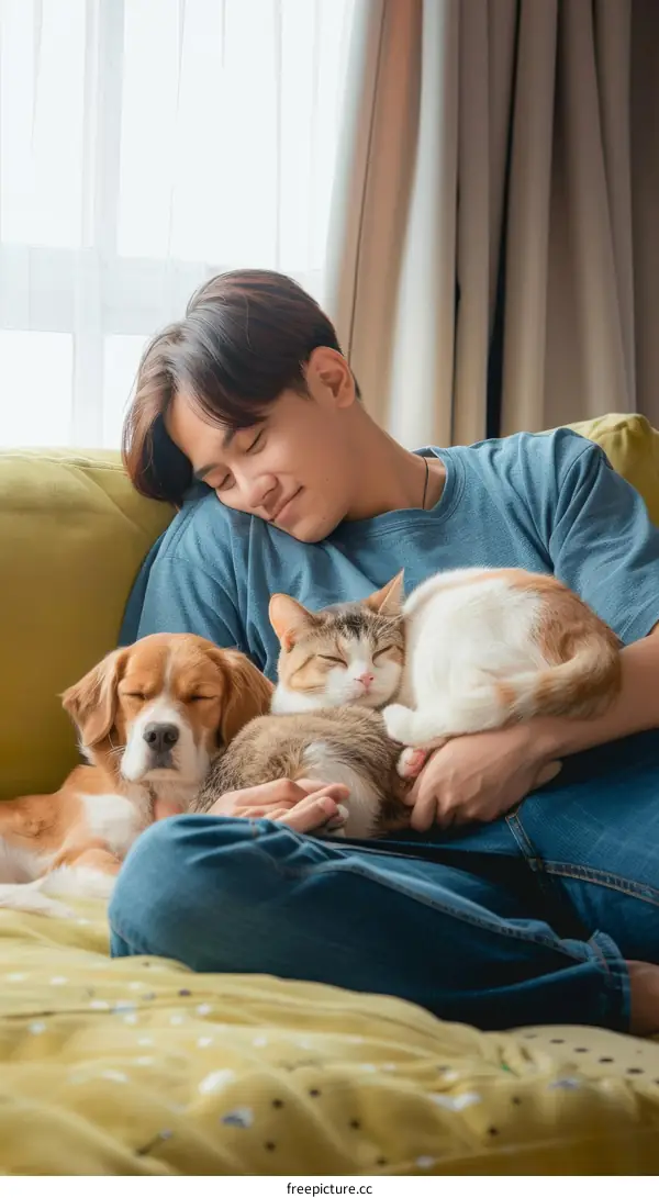 A man is hugging a dog and a cat on the sofa