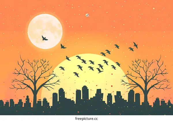 Silhouette Cityscape With Sunset Sky And Full Moon