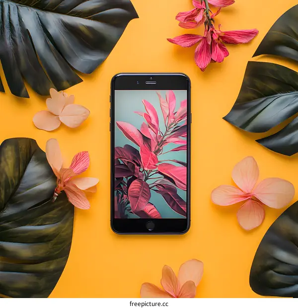 Smartphone Flat Lay with Tropical Leaves and Flowers