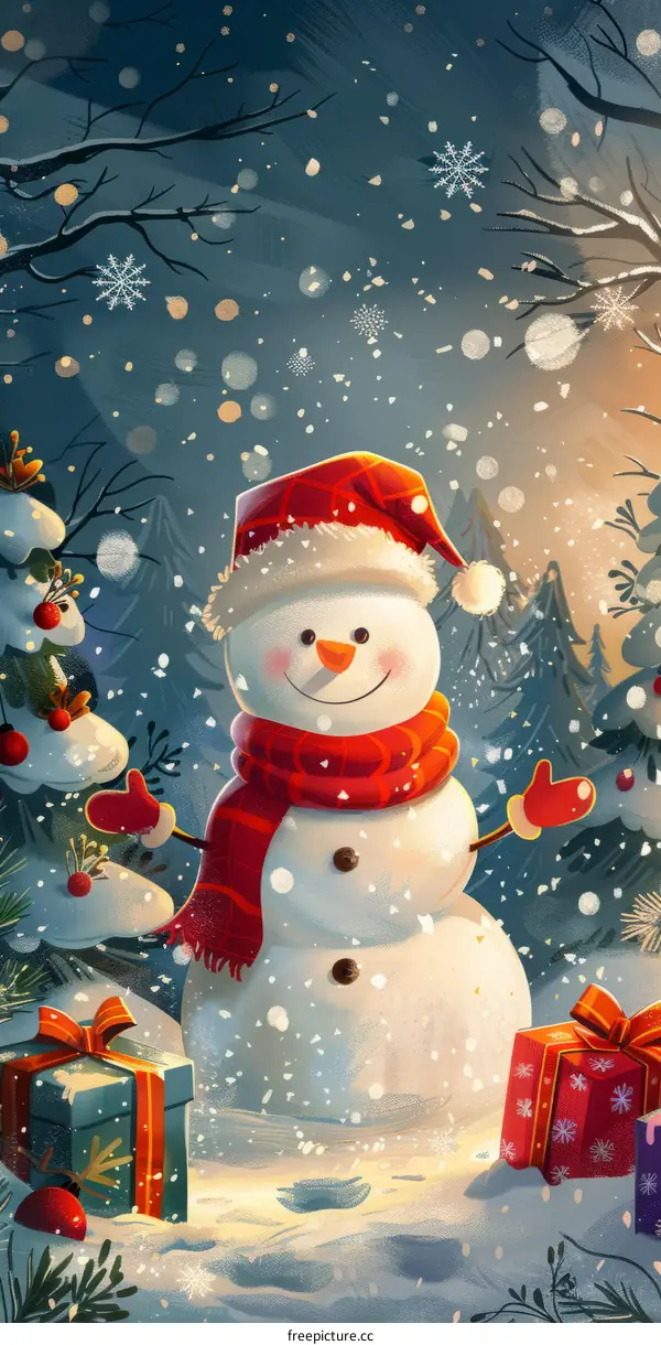 A happy snowman standing in a snowy forest