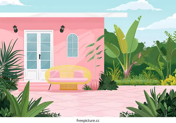Tropical Patio With Pink Wall and Wicker Sofa