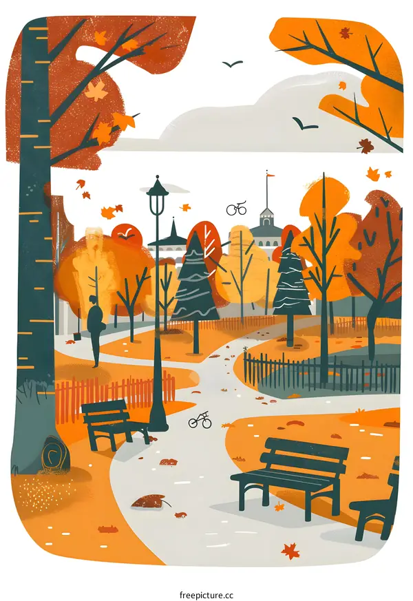 Autumn Park Landscape with Person and Bike