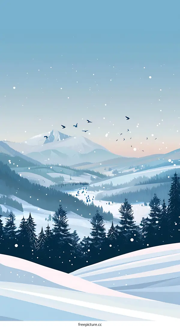 Winter Landscape with Snowy Mountains and Forest