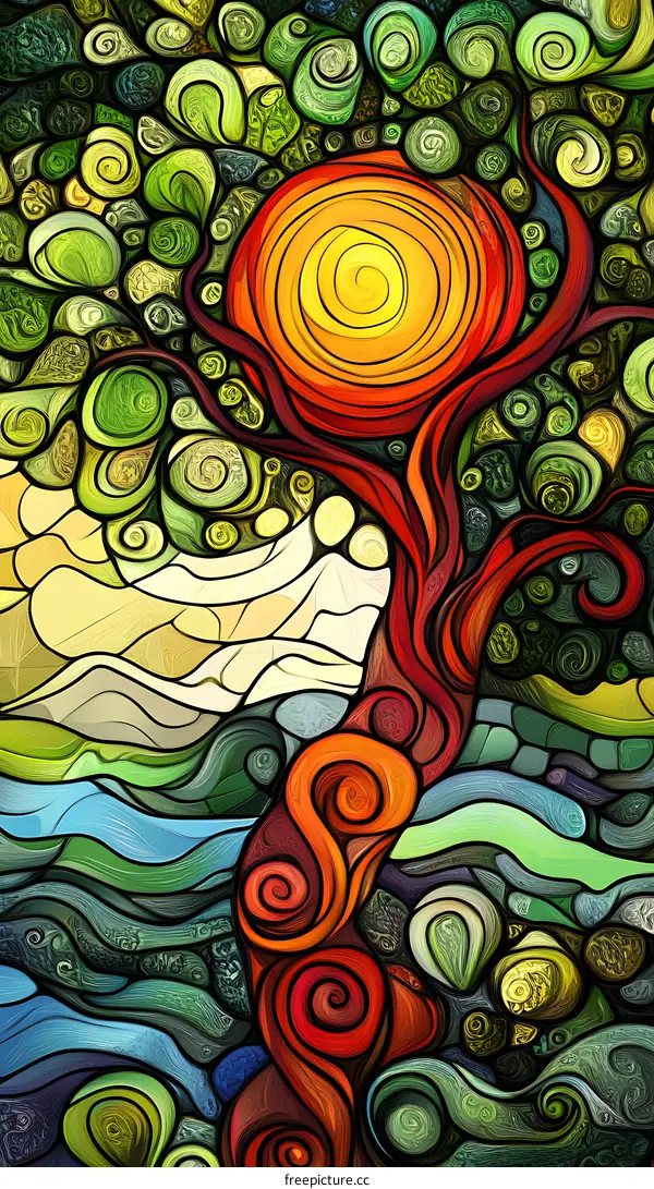 Abstract Tree with Spiral Patterns in Stained Glass Style
