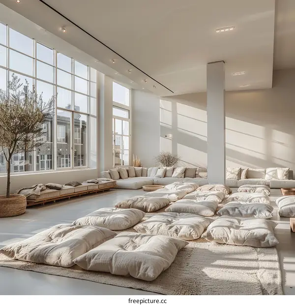 A well-furnished living room with lots of pillows on the floor