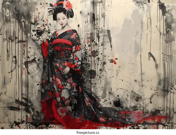 A geisha with a red and black kimono and a white and red flower in her hair standing in front of a white background with black and red paint splatters.
