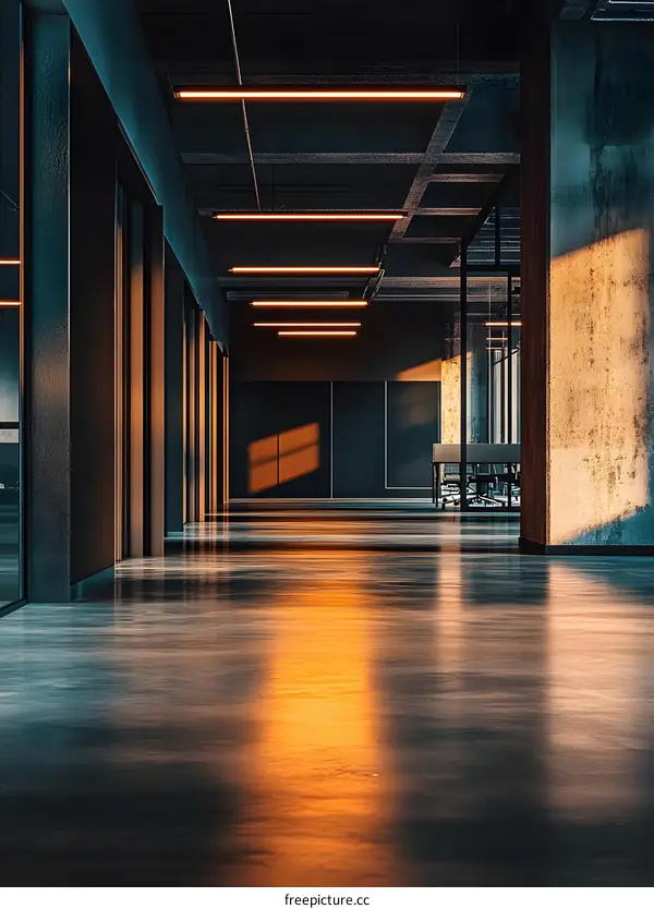 Modern Office Corridor with Warm Lighting