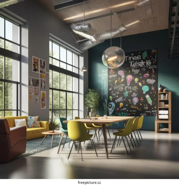 A modern office space with a chalkboard wall and a large conference table