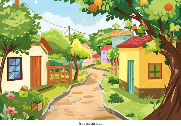 Cartoon Illustration of a Colorful Neighborhood with Houses, Trees, and a Winding Path