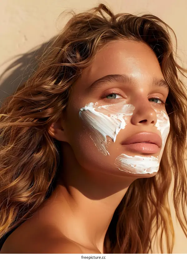 Young woman with sunscreen on her face