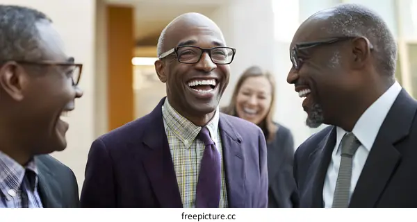 Three African American Businessmen Laughing Together in Office