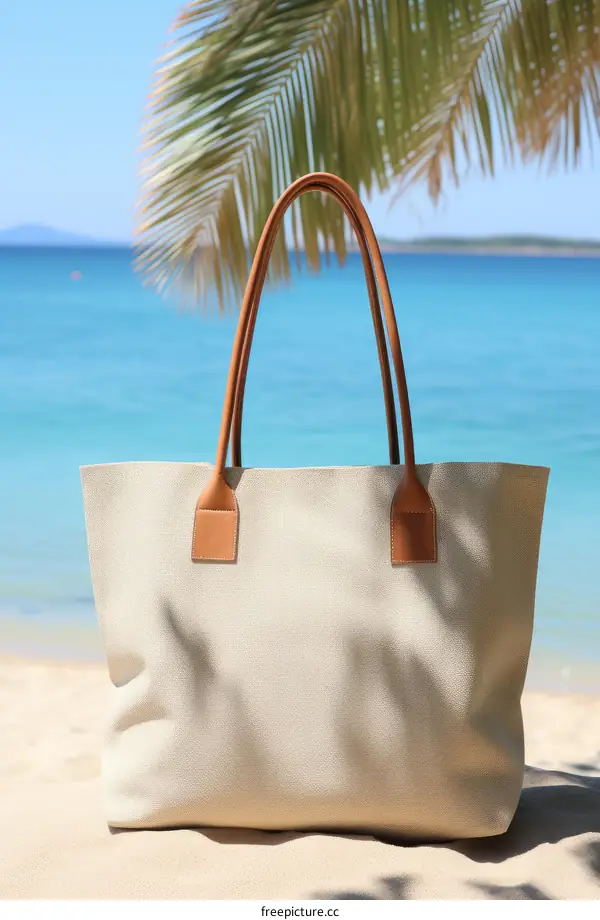 Tropical Beach Paradise with Palm Trees and Beach Bag