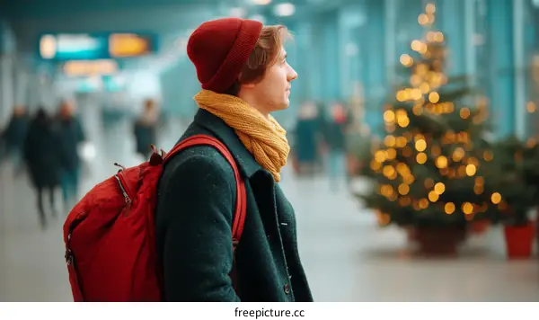Traveler at Airport with Christmas Tree in Background
