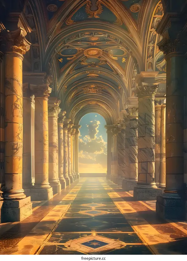 Ancient Hallway With Columns Leading To A Sunset Sky