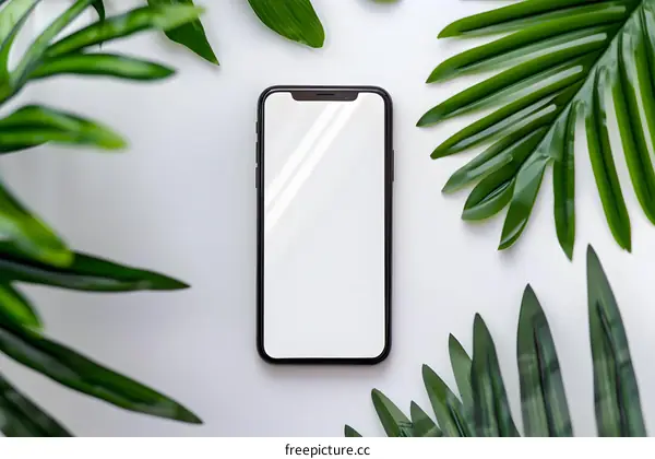 Smartphone Mockup on White Background with Tropical Leaves