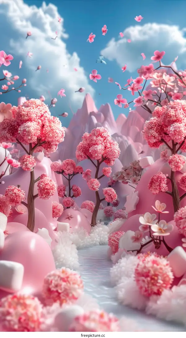 Dreamy Pastel Landscape with Cherry Blossoms and Mountains