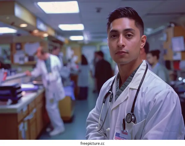 Portrait of a young male doctor of Hispanic ethnicity in a hospital setting
