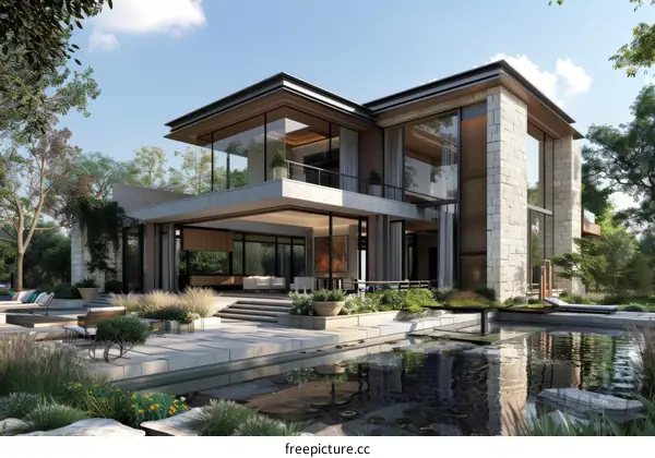 Modern House Exterior Design with Pool and Garden