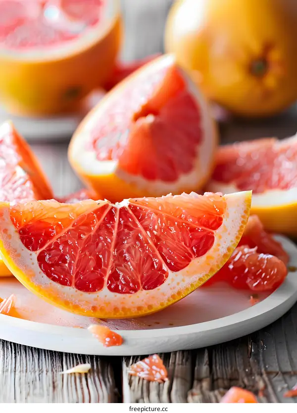 Fresh Grapefruit Slices on a White Plate