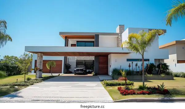 Modern Home With Palm Trees and a Car in the Driveway