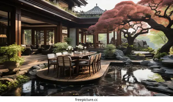 Modern Asian house with a beautiful garden and a pond