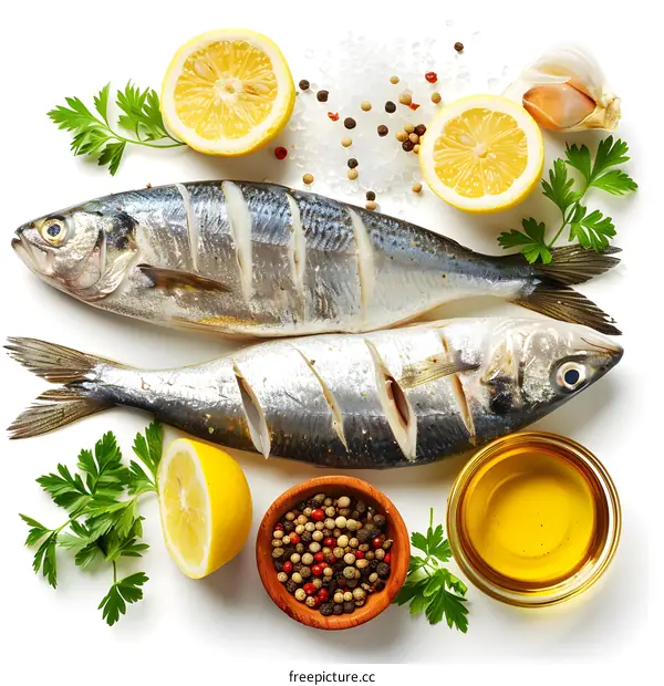 Two raw fish with lemon and spices on white background