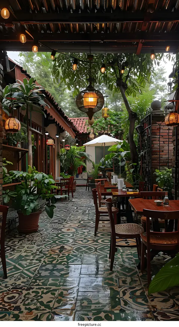 Outdoor Patio with Tables and Chairs Under a Canopy with String Lights