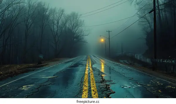 Solitary Streetlight on a Foggy Country Road at Night