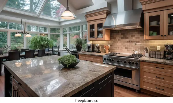 Modern kitchen interior with stainless steel appliances and large windows