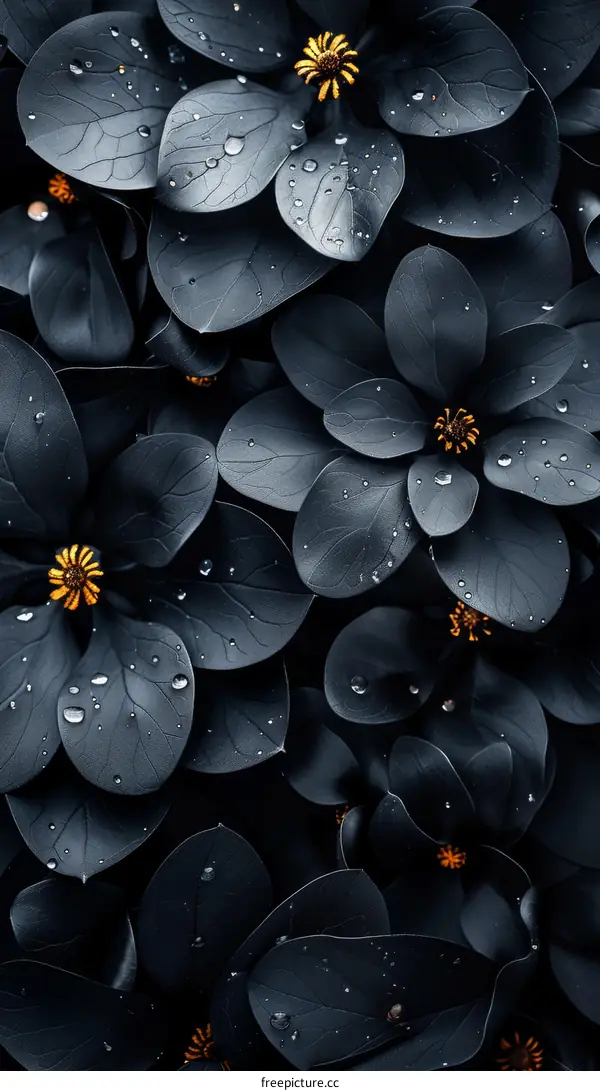 Black leaves and yellow flowers with water drops