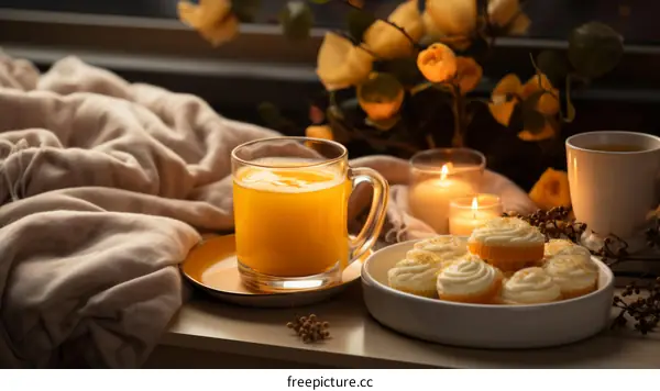 Cozy Autumn Still Life with Orange Juice, Cupcakes, and Candles
