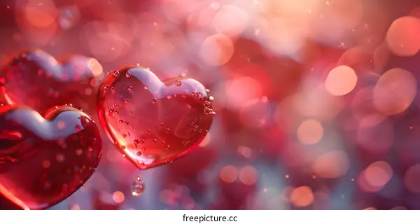 Red crystal hearts with water drops on a red blurred background