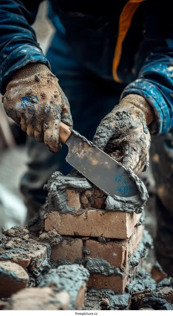 Construction Worker Laying Bricks with Mortar