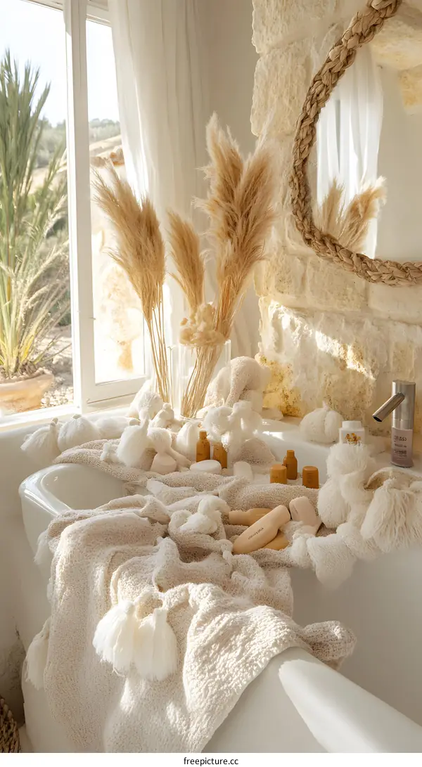 Beige Bathroom With White Towels and Dried Flowers