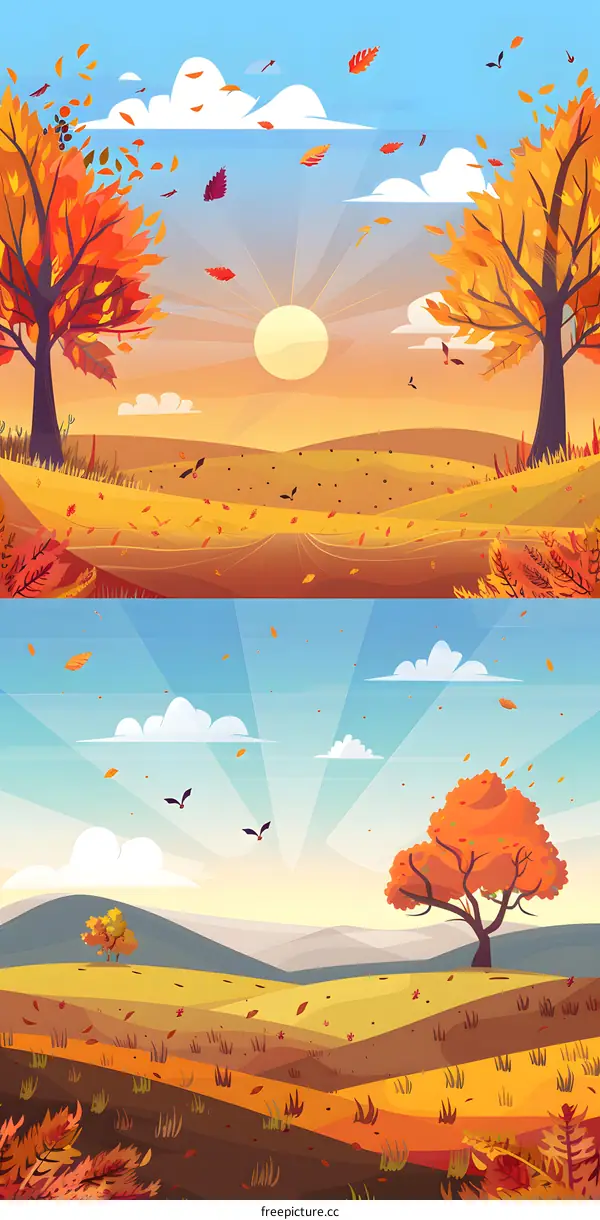 Autumn Landscape with Falling Leaves