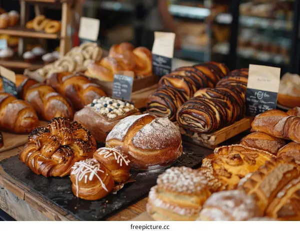Freshly baked bread and pastries on a bakery shelf