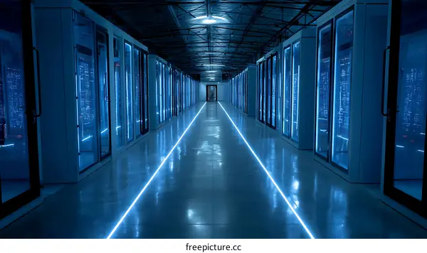 Modern Data Center Interior with Blue Lighting