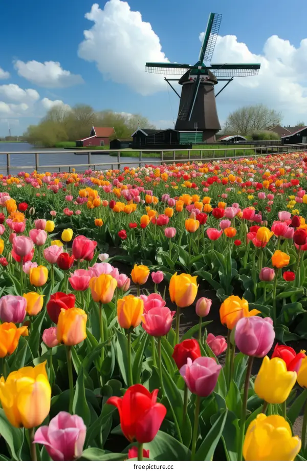 Field of tulips in front of a windmill in the Netherlands