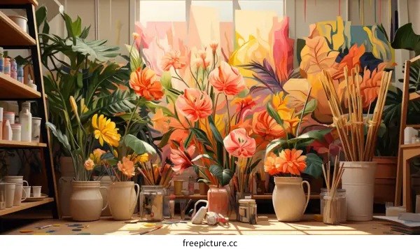 A wall-sized painting of flowers dominates an artist's studio