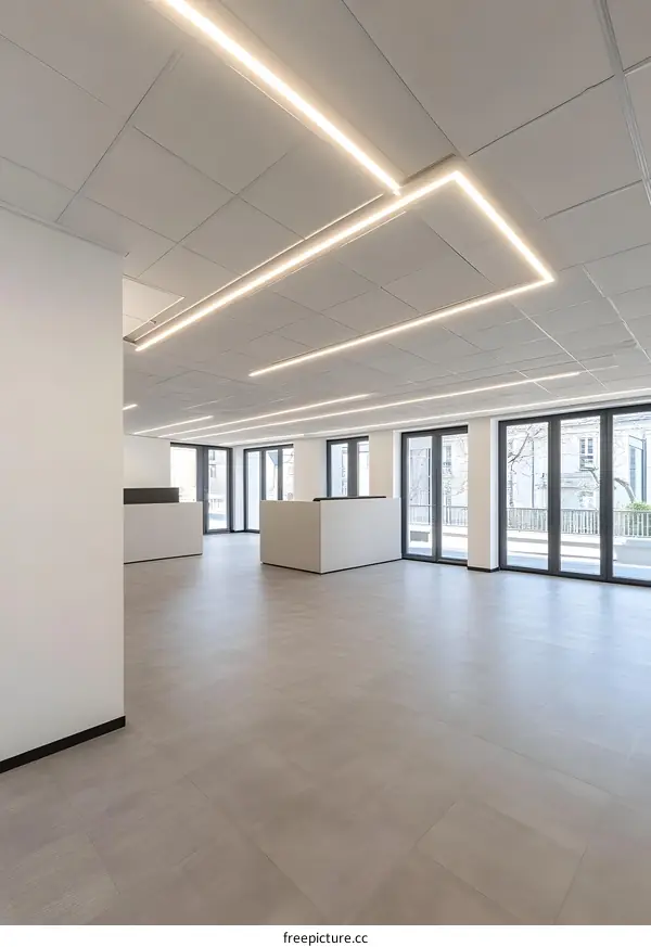 Modern Office Interior with Large Windows and Grey Tile Flooring