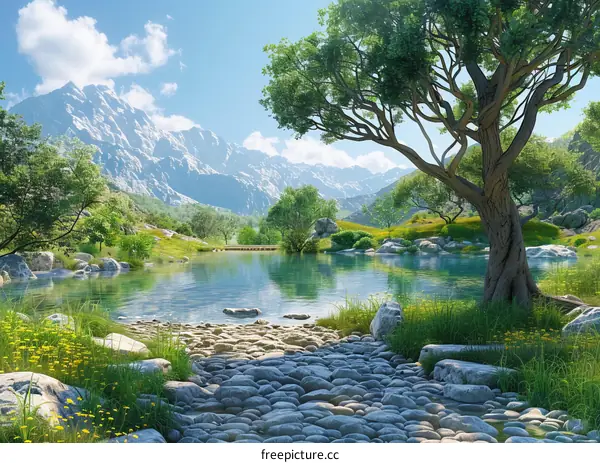Mountain Stream Flowing Through a Valley