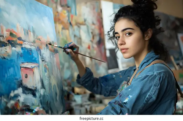 Young Woman Painting a Cityscape in Her Studio