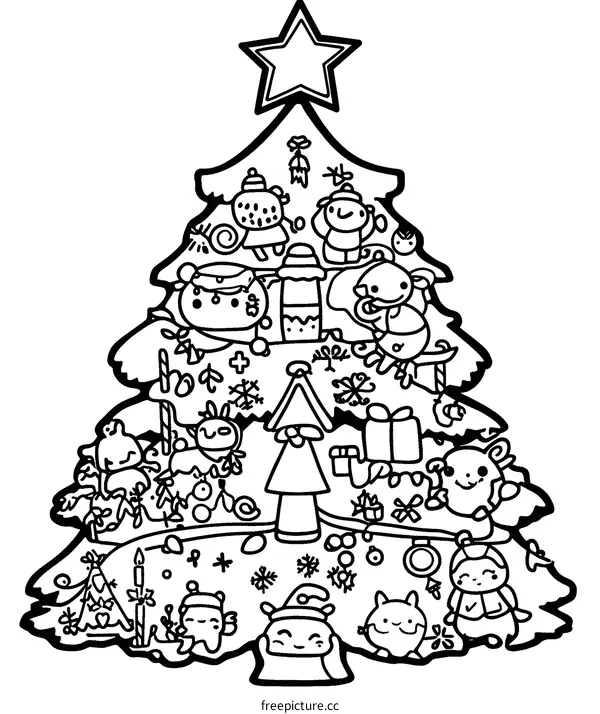 Christmas Tree Coloring Page With Cute Animals
