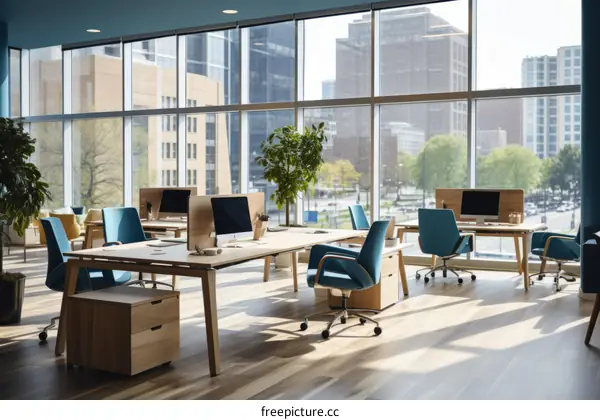 Modern office interior with large windows and blue furniture