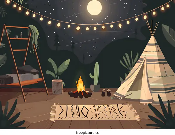 Night Camping Illustration With Tent And Fire