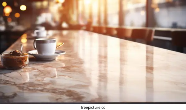 Upscale Coffee Shop Interior with Modern Marble Table and Premium Coffee Cup