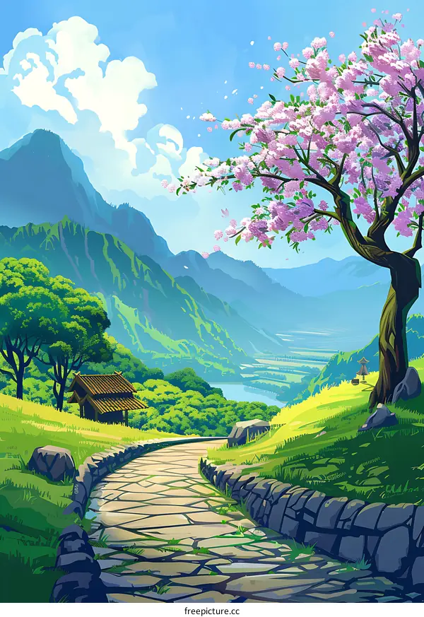 Beautiful Spring Landscape with Cherry Blossom Tree and Mountain View