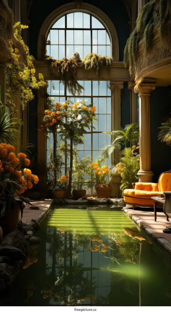 Ornate Greenhouse Interior with Pool and Yellow Sofa