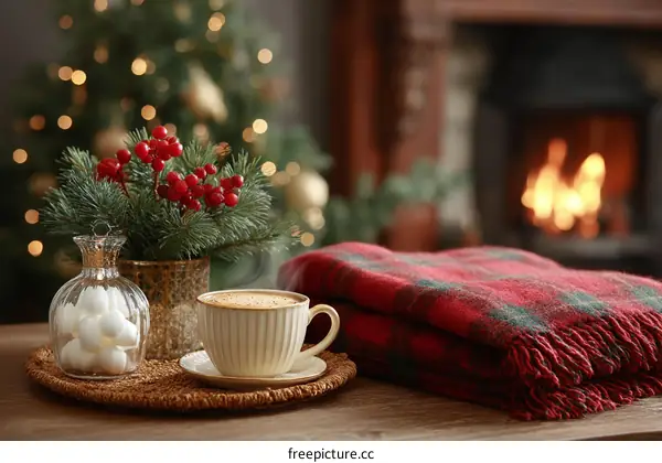 Cozy Christmas Morning with Coffee and Blanket
